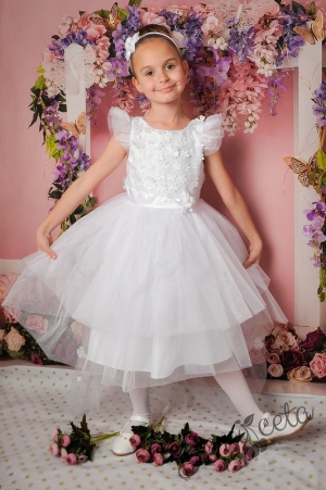Официална детска рокля в бяло с 3D цветя и тюл 298БЦ