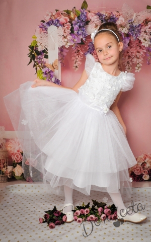 Официална детска рокля в бяло с 3D цветя 