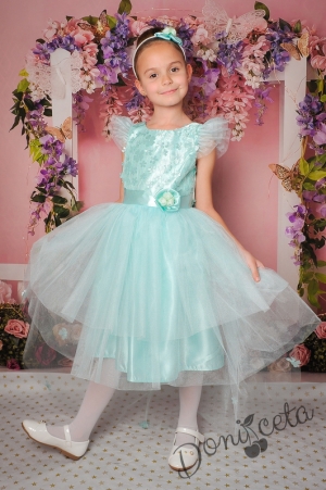 Официална детска рокля в тюркоаз/мента с 3D цветя