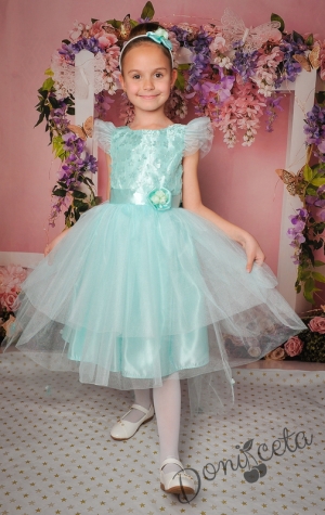 Официална детска рокля в тюркоаз/мента с 3D цветя и тюл 298МЦ
