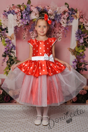 Официална детска рокля с къс ръкав в червено на точки с тюл 281ЧБТ