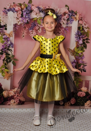 Официална детска рокля с къс ръкав в жълто на точки с тюл 281ЖЧ