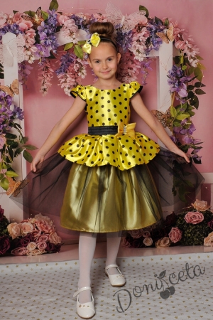 Официална детска рокля с къс ръкав в жълто на точки с тюл