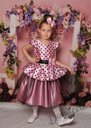 Официална детска рокля с къс ръкав в розово на точки с тюл 281РЧ
