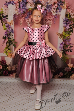 Официална детска рокля с къс ръкав в розово на точки с тюл 281РЧ