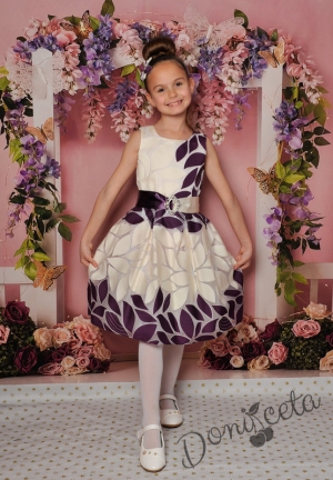 Официална детска рокля с къс ръкав на цветя в еркю и лилаво