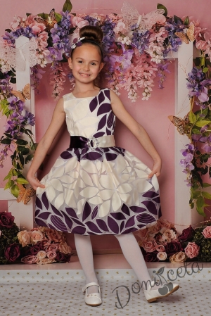 Официална детска рокля с къс ръкав на цветя в еркю и лилаво 242ЛЛ