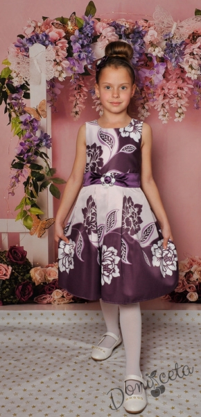 Официална детска рокля с къс ръкав на цветя в лилаво 