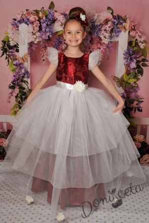 Официална дълга детска рокля в бордо с тюл в бяло 288ВЖВД