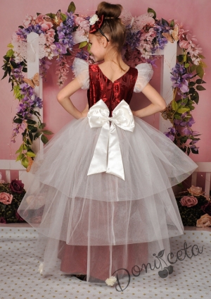 Официална дълга детска рокля в бордо с тюл в бяло 288ВЖВД