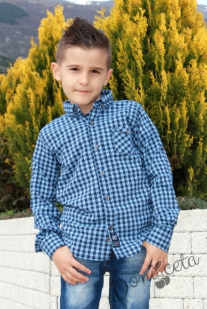  Детска риза за момче с дълъг ръкав в синьо