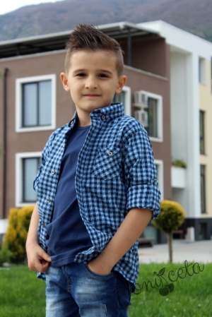 Детска риза за момче с дълъг ръкав в синьо