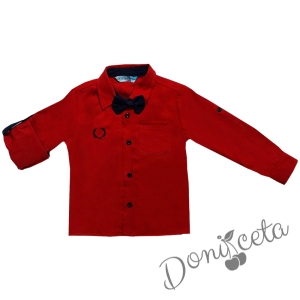 Комплект от риза за момче в чечрвено с папионка в тъмносионьо и дънки
