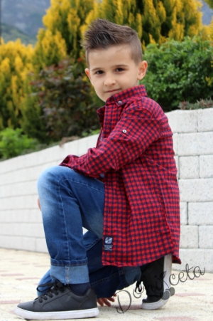  Детска риза за момче с дълъг ръкав в тъмносиньо и червено