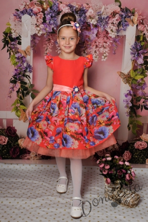 Официална детска рокля с къс ръкав в прасковено на цветя 297КБ