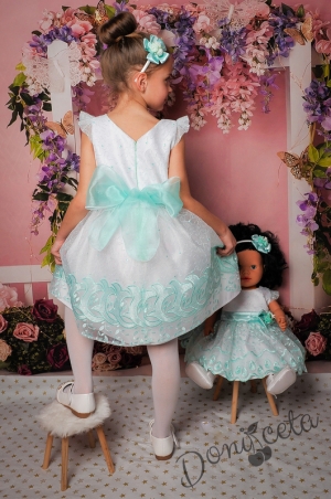 Официална детска/бебешка рокля с къс ръкав в бяло и синьо 119РЦБ