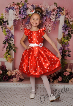 Официална детска рокля с къс ръкав в червено на бели точки 297ЧБТ