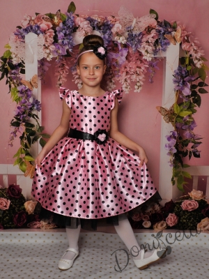 Официална детска рокля с къс ръкав в розово на черни точки 297РЧТ