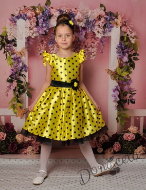 Официална детска рокля с къс ръкав в жълто на черни точки 297ЖЧТ