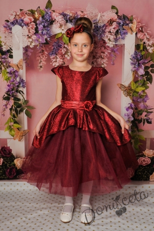 Официална детска рокля с къс ръкав в бордо с тюл и блясък 379В