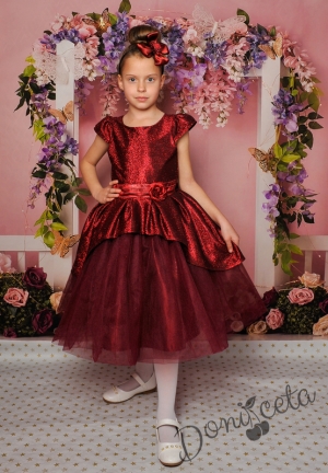 Официална детска рокля с къс ръкав в бордо с тюл и блясък 379В