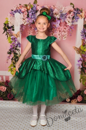 Официална детска рокля с къс ръкав в зелено с тюл и блясък 379З