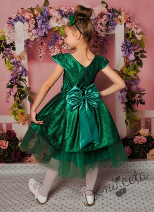 Официална детска рокля с къс ръкав в зелено с тюл и блясък 379З