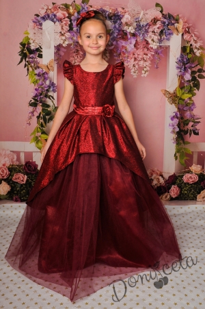 Официална детска дълга рокля в бордо с тюл и блясък 379ВД