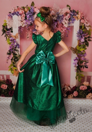 Официална детска дълга рокля в зелено с тюл и блясък 379ЗД