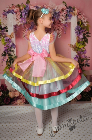 Официална детска рокля с къс ръкав с многоцвете тюл и 3D цветя 312ЗЦД