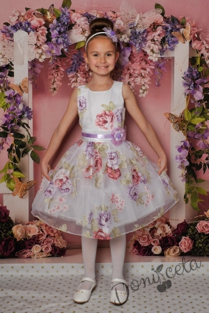 Официална детска рокля в бяло без ръкав на цветя 177КЛ