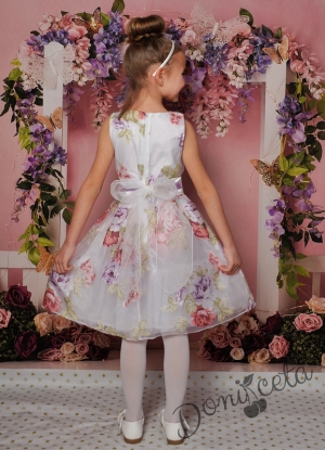 Официална детска рокля в бяло без ръкав на цветя 177КЛ
