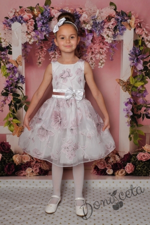 Официална детска рокля в бяло без ръкав на цветя в лиалво 177ЧР