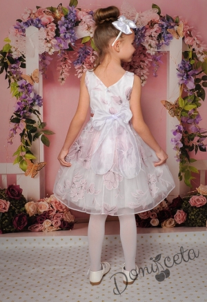 Официална детска рокля в бяло без ръкав на цветя в лиалво 177ЧР