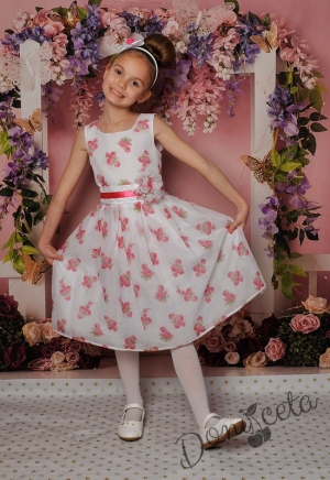 Официална детска рокля в бяло на цветя в розово и коланче 21ЗР