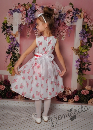 Официална детска рокля в бяло на цветя в розово и коланче 21ЗР