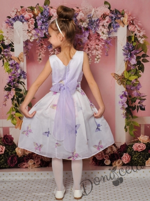 Официална детска рокля в бяло с пеперуди в лилаво 21П