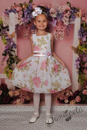 Официална детска рокля в бяло без ръкав на цветя 21ПВ