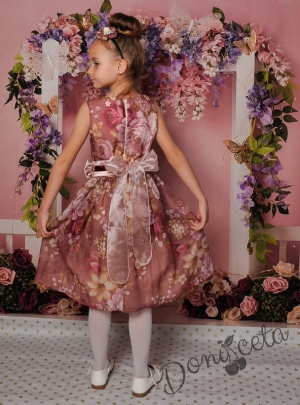 Официална детска рокля  без ръкав на цветя 21ТБ