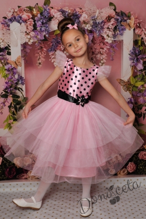 Официална детска рокля с къс ръкав в розово на точки с тюл 288РЧТ