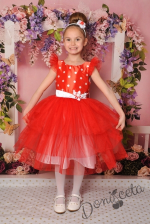 Официална детска рокля с къс ръкав в червено на точки с тюл 288ЧБТ