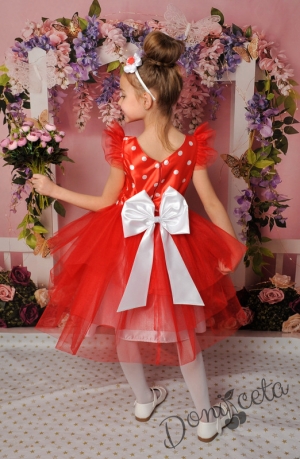 Официална детска рокля с къс ръкав в червено на точки с тюл 288ЧБТ