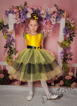 Официална детска рокля с къс ръкав в жълто и черно с тюл 288ЖЧЧ