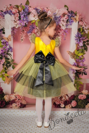 Официална детска рокля с къс ръкав в жълто и черно с тюл 288ЖЧЧ