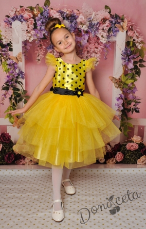 Официална детска рокля с къс ръкав в жълто на точки с тюл 288ЖПЧ