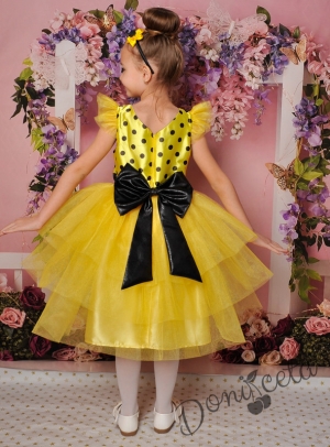 Официална детска рокля с къс ръкав в жълто на точки с тюл 288ЖПЧ