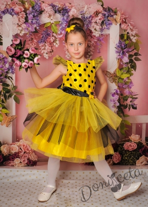 Официална детска рокля с къс ръкав в жълто и черно на точки с тюл 288ЖПЧТ