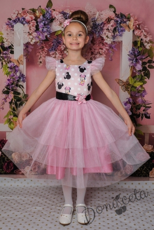 Официална детска/бебешка рокля розово с Мини Маус с тюл 288ММСР