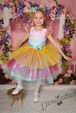 Официална детска рокля с къс ръкав и 3D цветя с многоцветен тюл 288ЗДЦ