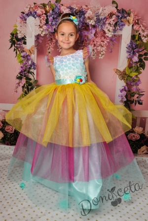Официална детска дълга рокля с многоцветен тюл и 3D цветя 288ЗДЦД